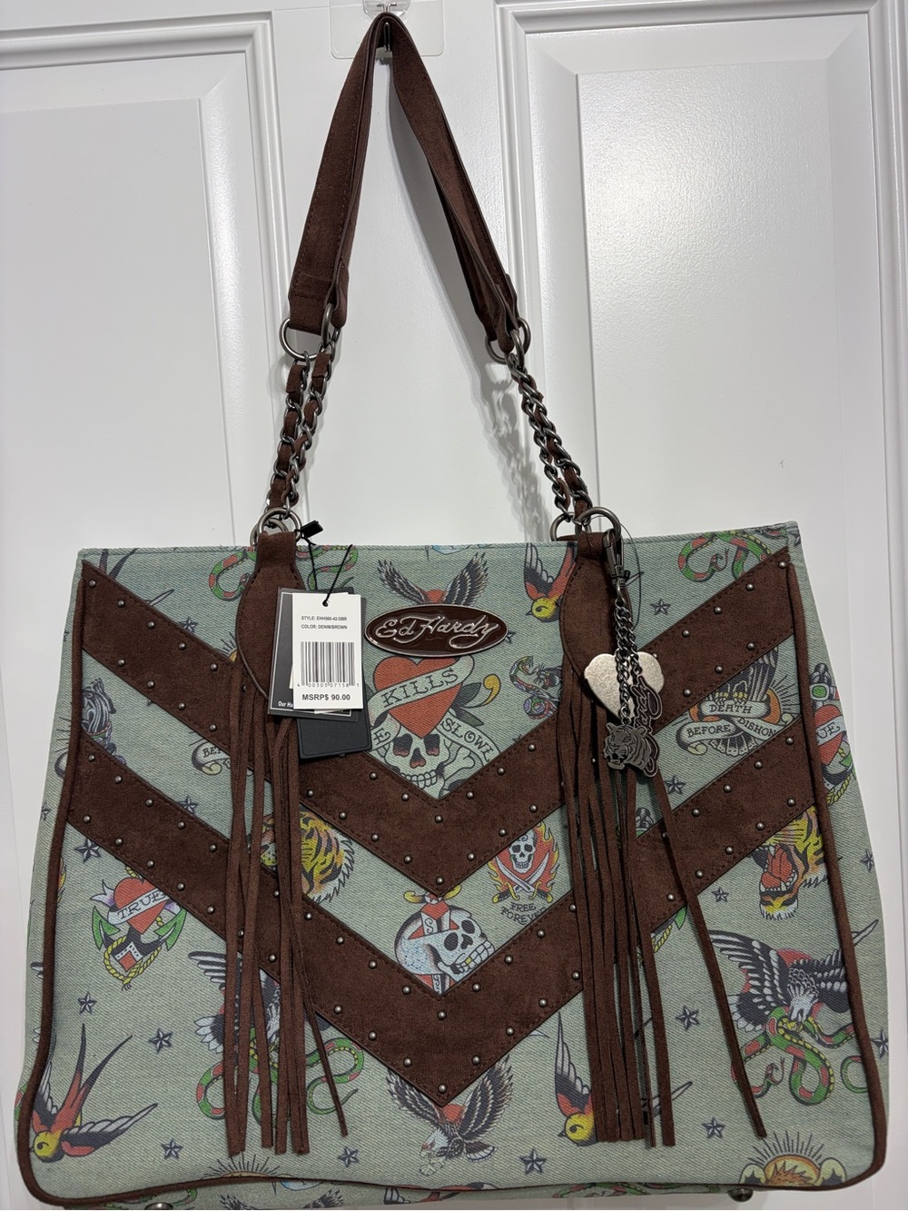 Ed Hardy Brown & Green Tattoo-Print Fringe Tote Bag NWT -perfect for fall!